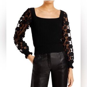 Black V-Neck Sweater with Floral Mesh Sleeves